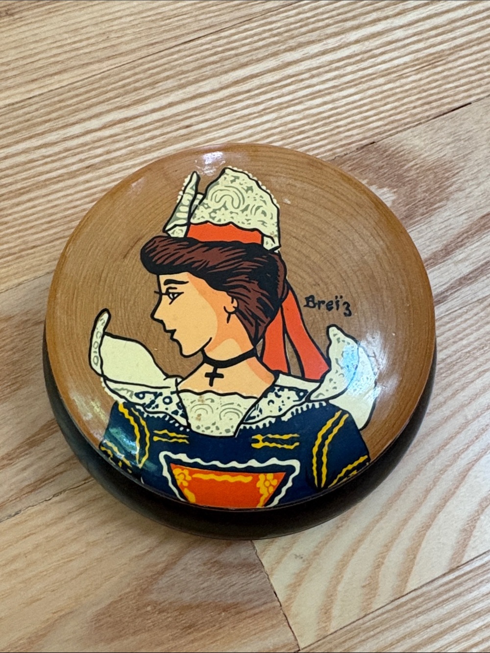 Vintage Wooden Box Breizh Breton Brittany France Handpainted Woman in Lace Hat
